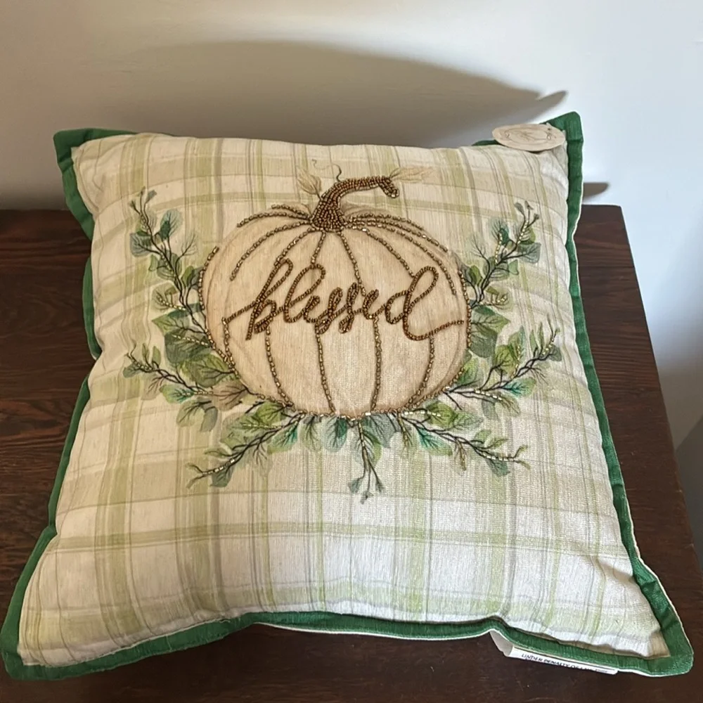 HP-NWT 16x16 Soft Green & Cream Plaid- Blessed Beaded Pumpkin Decorative Pillow
